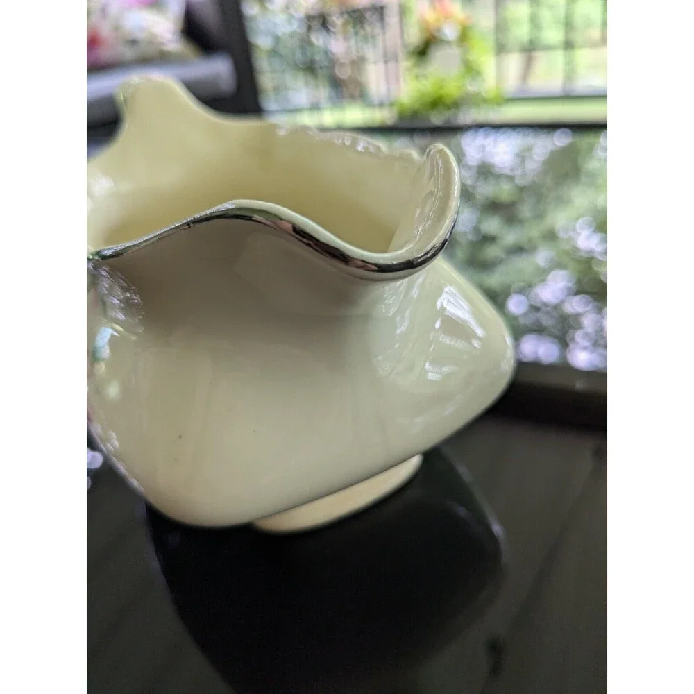 Vintage Canarytone Gravy Boat Cherry Blossoms Unmarked Silver Trim Porcelain